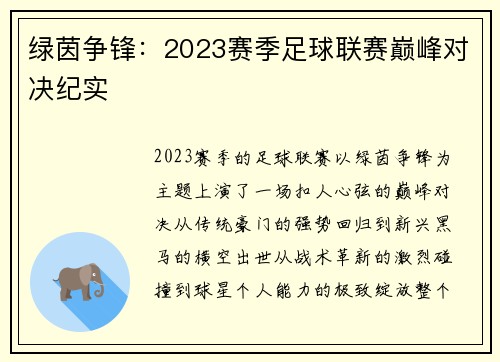 绿茵争锋：2023赛季足球联赛巅峰对决纪实