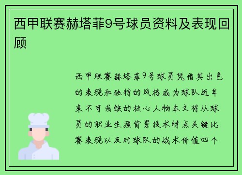 西甲联赛赫塔菲9号球员资料及表现回顾