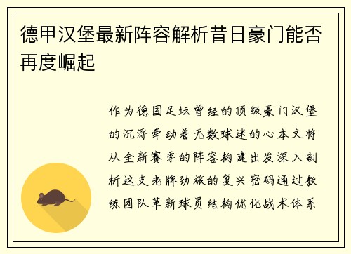 德甲汉堡最新阵容解析昔日豪门能否再度崛起