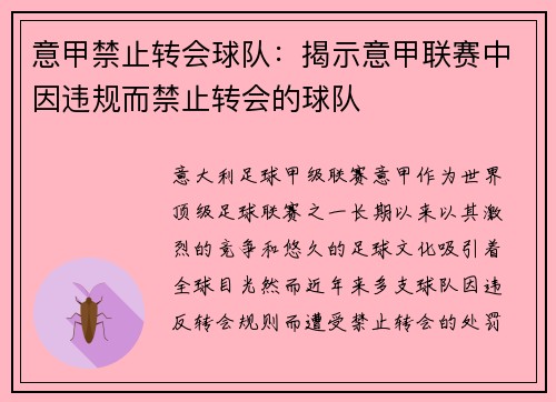 意甲禁止转会球队：揭示意甲联赛中因违规而禁止转会的球队