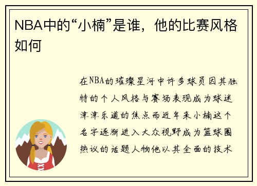 NBA中的“小楠”是谁，他的比赛风格如何